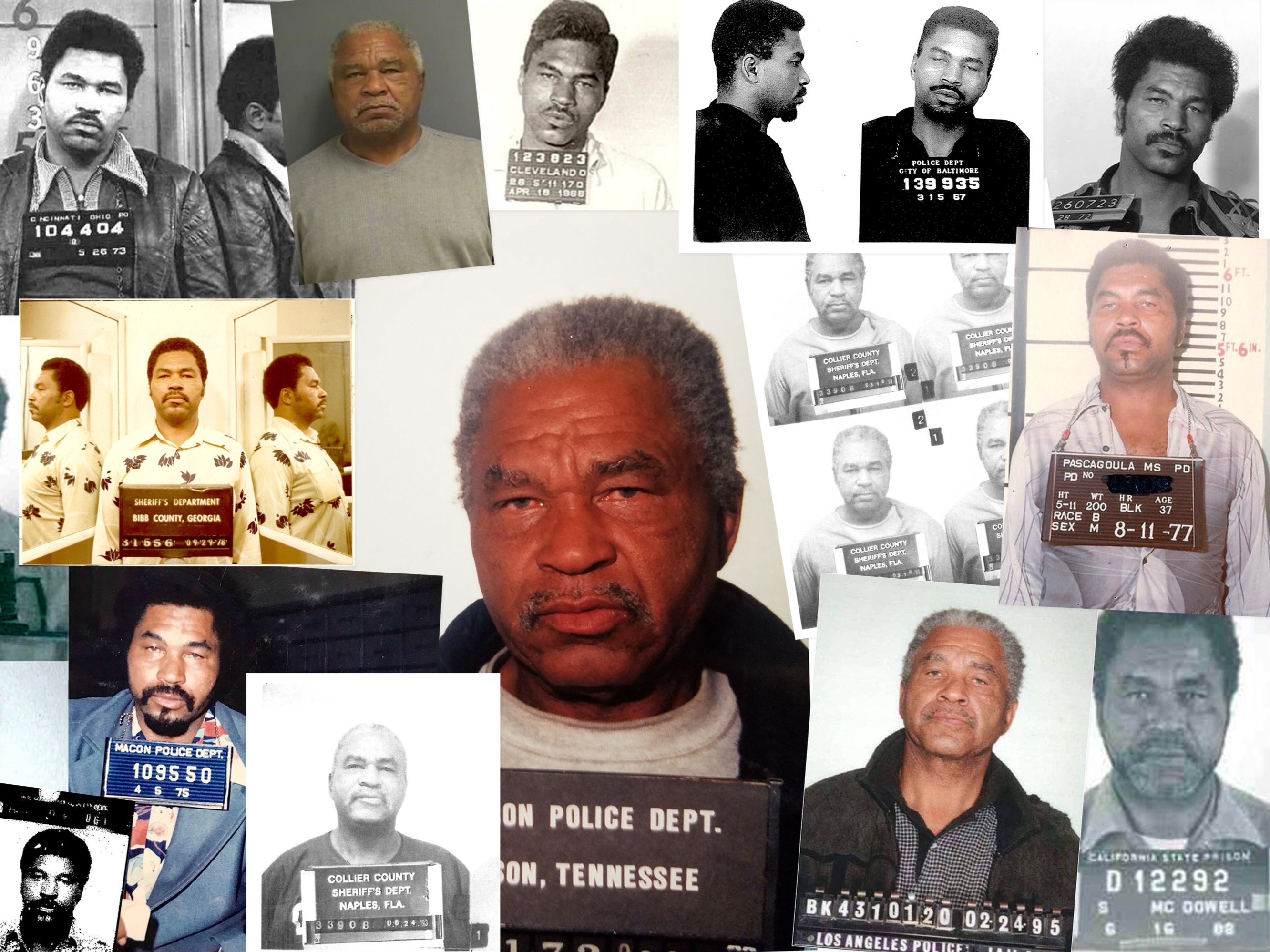 Samuel Little in multiple booking photos from 1966 to 1995