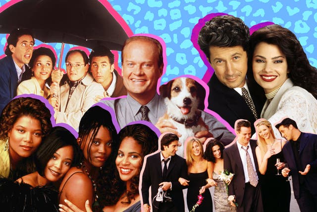 Clockwise from centre: Kelsey Grammer and Moose the dog in Frasier; Charles Shaughnessy and Fran Drescher in The Nanny; the cast of Friends; Queen Latifah, Kim Fields, Erika Alexander and Kim Coles in Living Single (l-to-r); the cast of Seinfeld