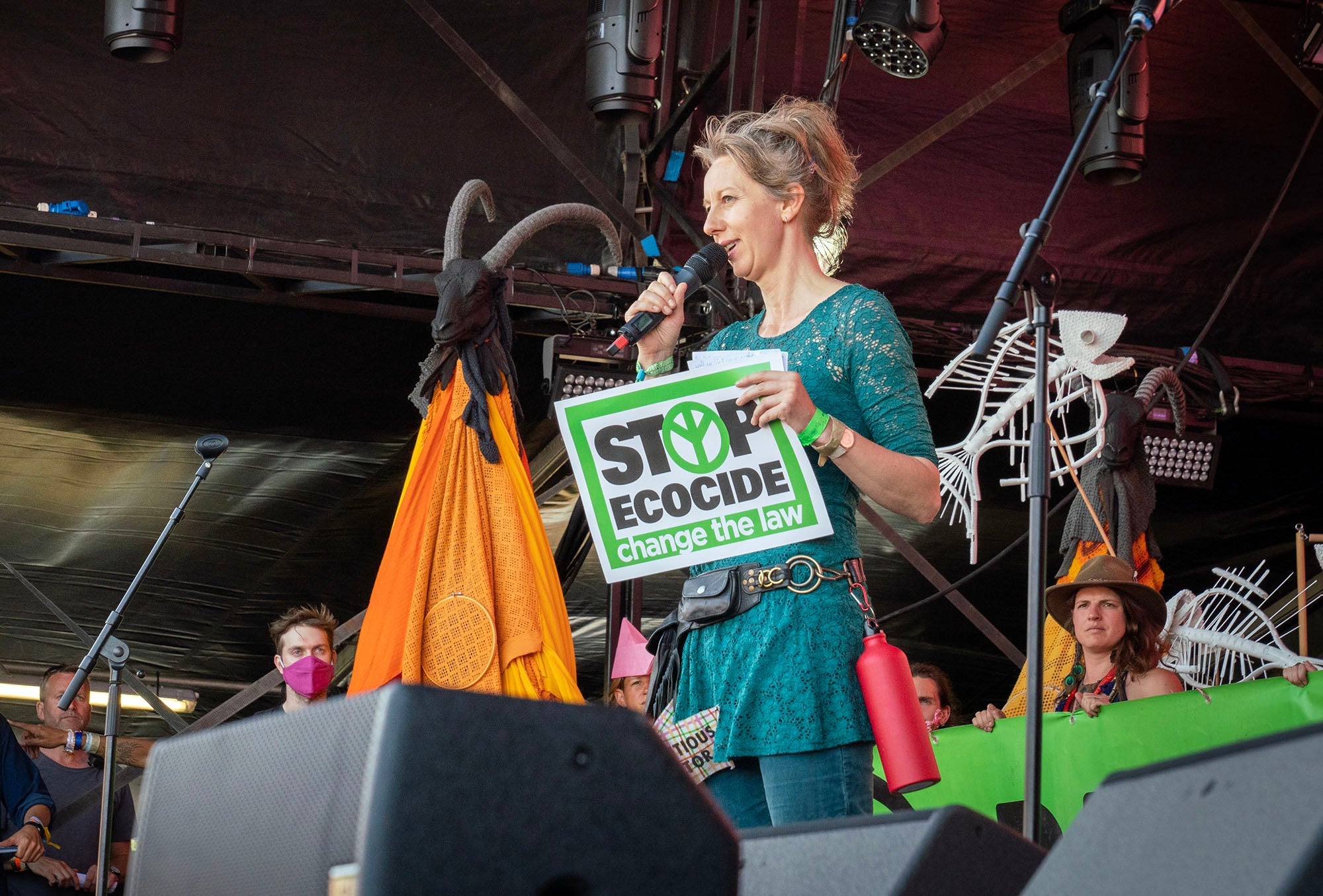 Gail Bradbrook addresses a crowd at Glastonbury festival