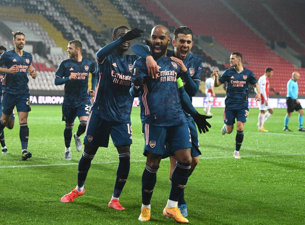 Alexandre Lacazette celebrates scoring Arsenal’s second goal