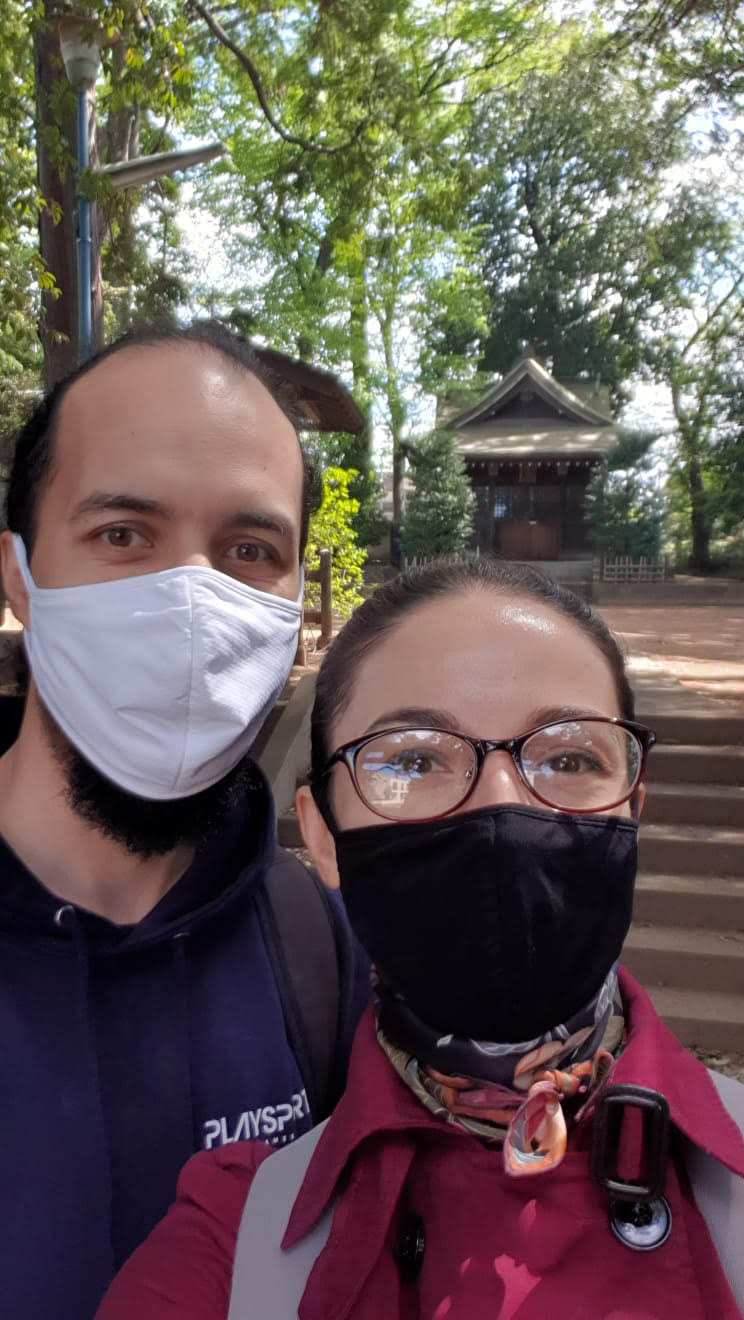 Brazilian Kurt Daniger and his Romanian wife Norica, pictured outside the temple in their suburb outside Tokyo, where they moved in October 2019, months before the outbreak of the pandemic