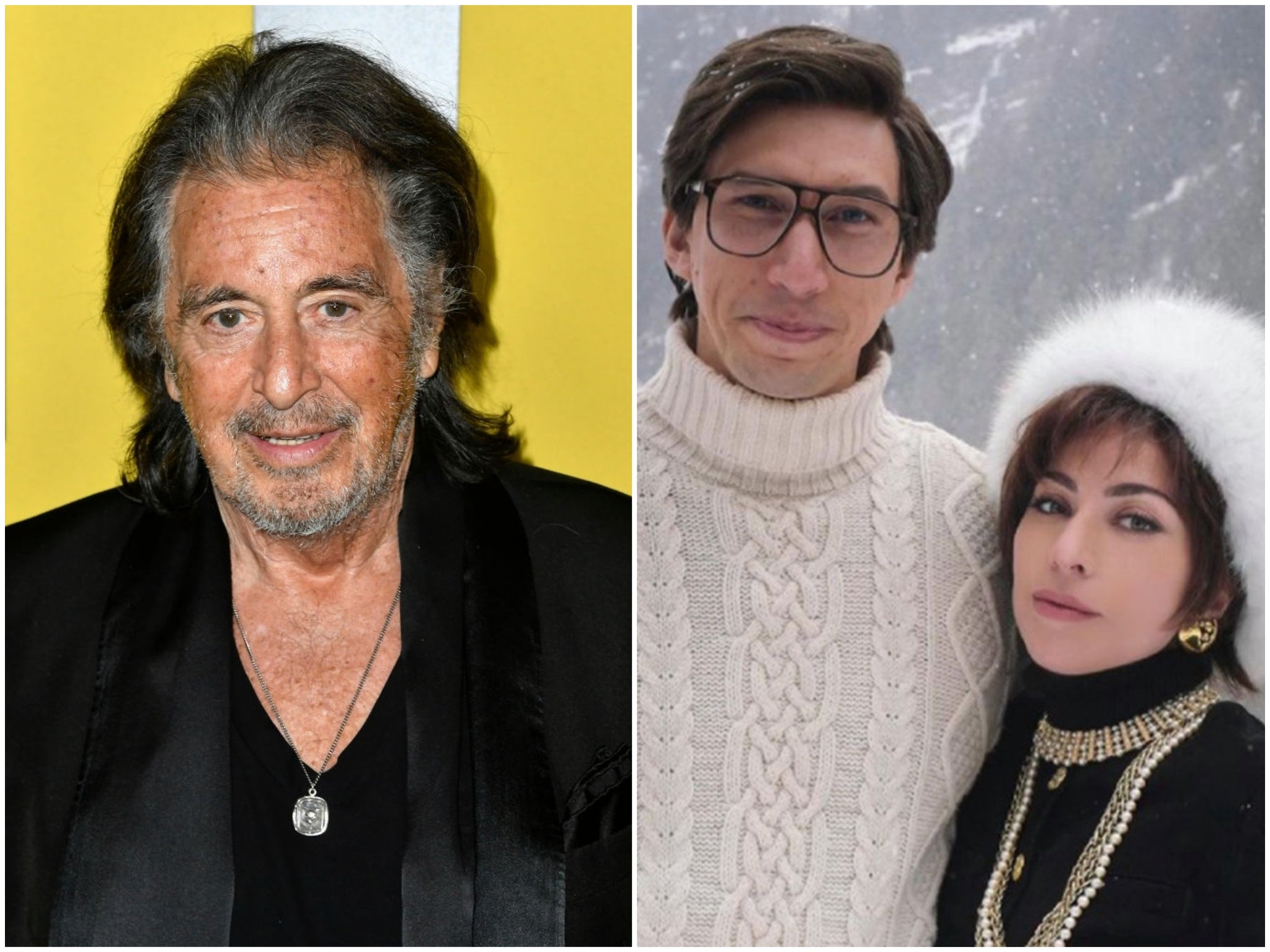 Al Pacino in 2020, and Adam Driver and Lady Gaga in House of Gucci