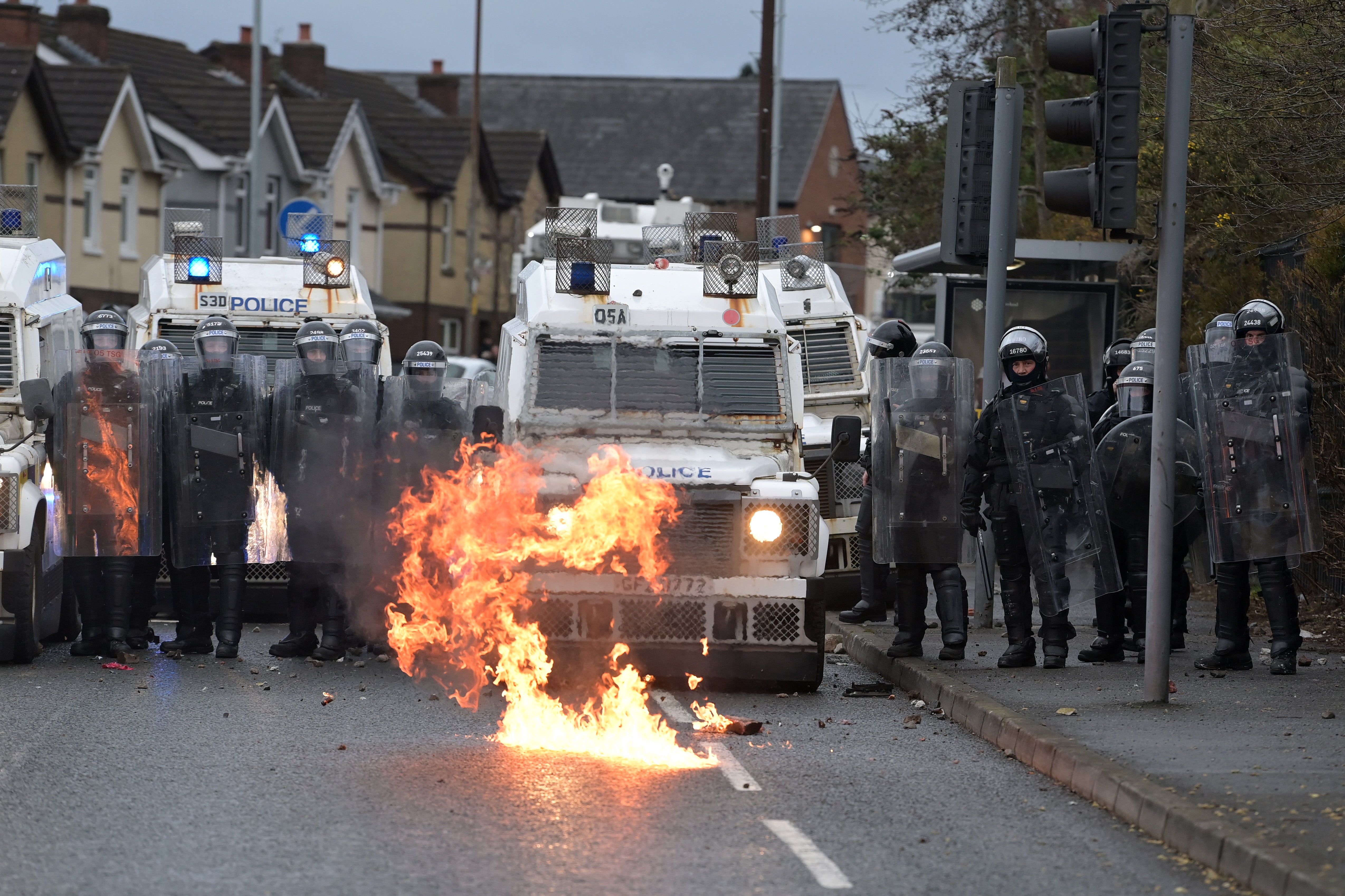 April 2021: nationalists attack police on Springfield Road just up from Peace Wall interface gates, which divide nationalist and loyalist communities in Belfast