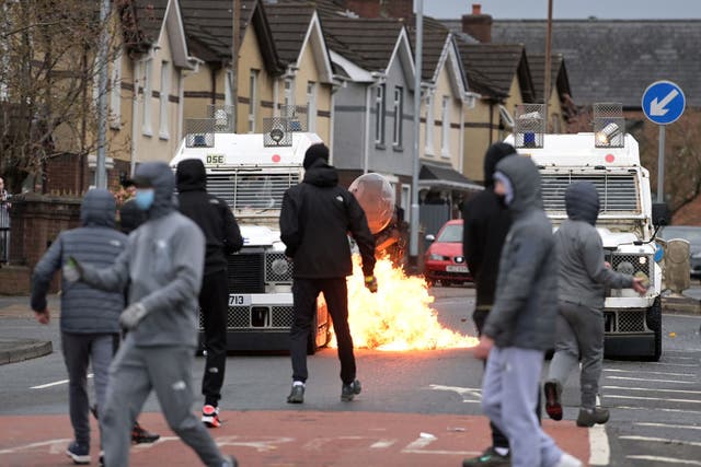 <p>Trouble has flared in Northern Ireland following Brexit. Nationalists (in image) attack Police on Springfield Road near Peace Wall in Belfast on 8 April</p>