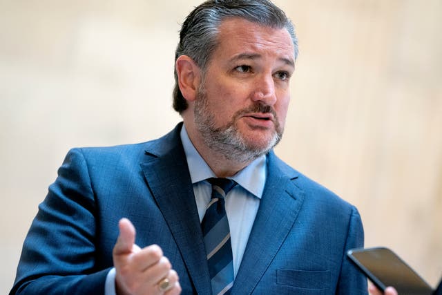 <p>Ted Cruz (R-TX) speaks to reporters prior to the Senate Republican luncheons at the Russell Senate Office Building on Capitol Hill on 13 April 2021 in Washington, DC</p>