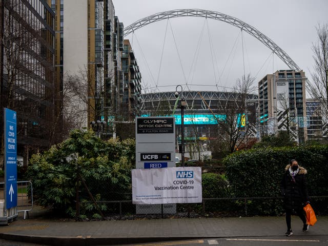 <p>A vaccination centre at Wembley Stadium, where just 4,000 fans will be allowed to attend FA Cup fixtures in April and May</p>