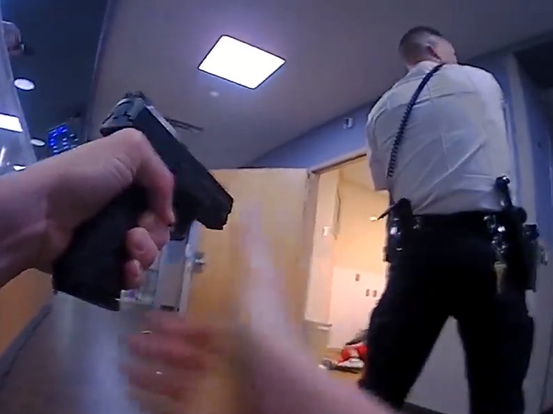 Screenshot from body camera footage shows hospital shooting leaving one man dead in Westerville, Ohio. 