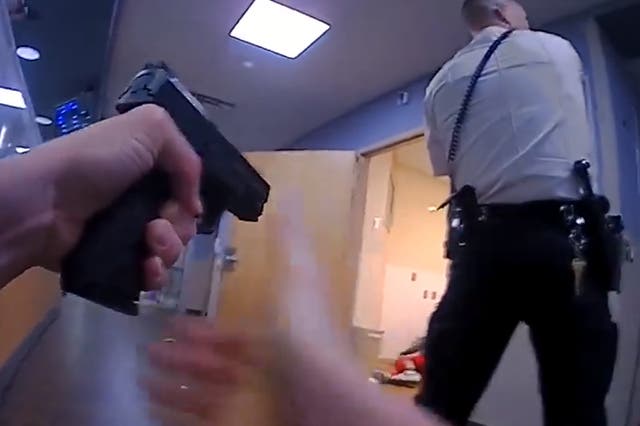 Screenshot from body camera footage shows hospital shooting leaving one man dead in Westerville, Ohio. 