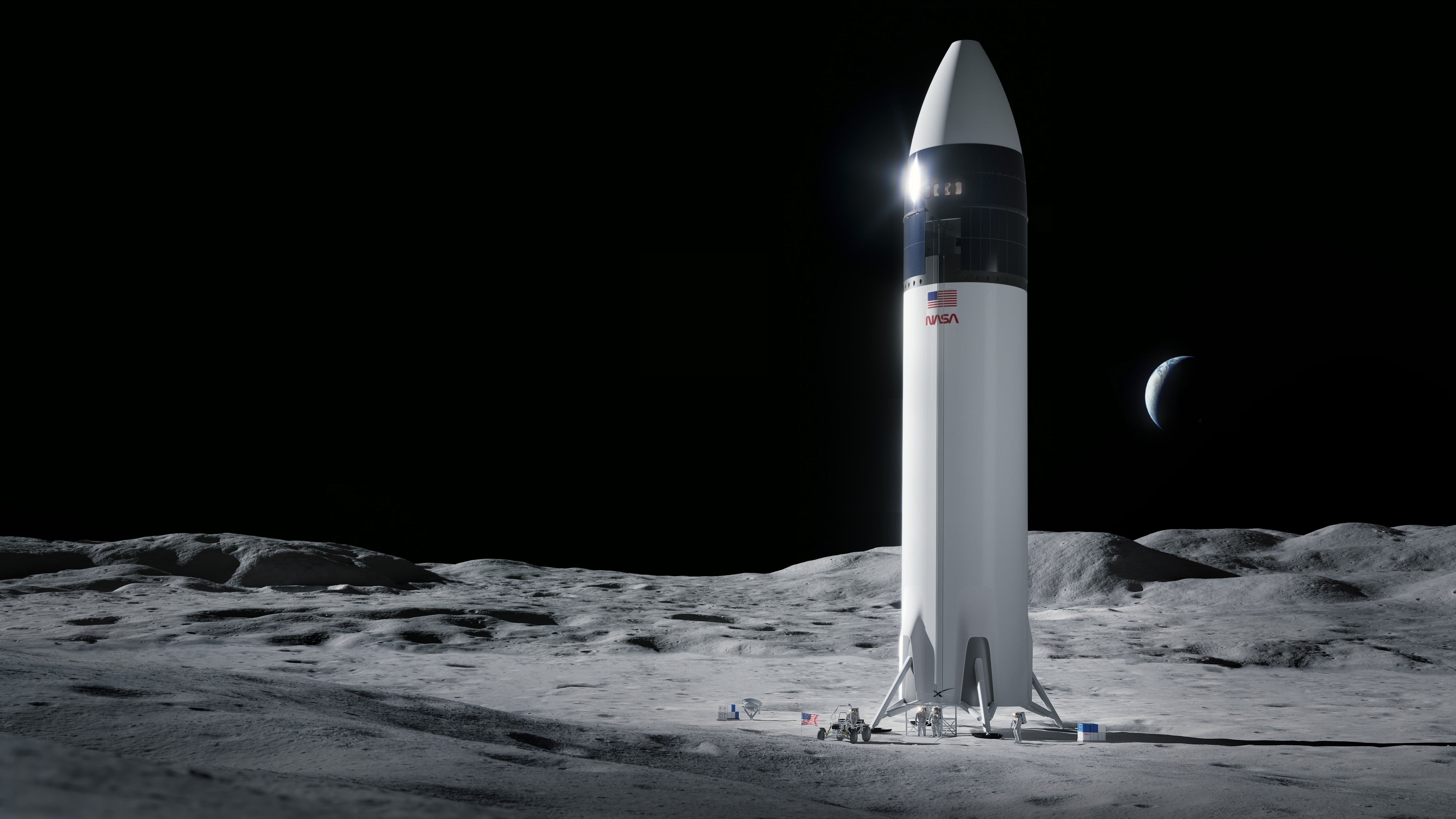 Illustration of SpaceX Starship human lander design that will carry the first NASA astronauts to the surface of the Moon under the Artemis program