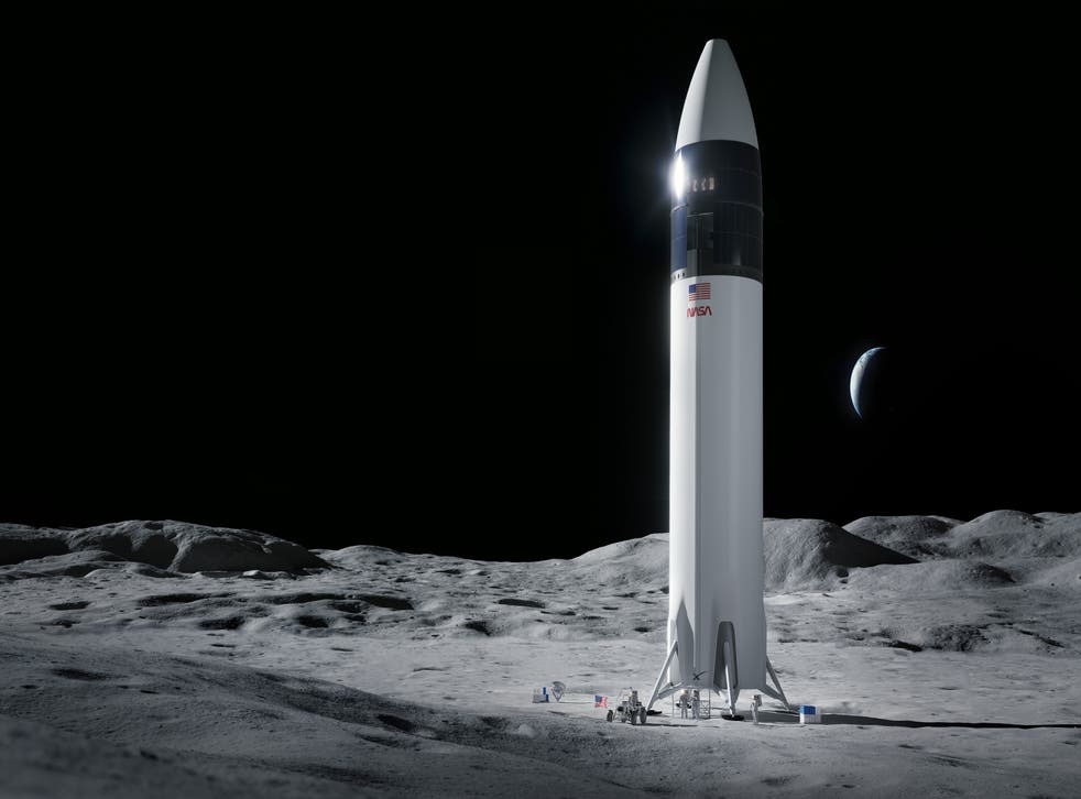 Illustration of SpaceX Starship human lander design that will carry the first NASA astronauts to the surface of the Moon under the Artemis program
