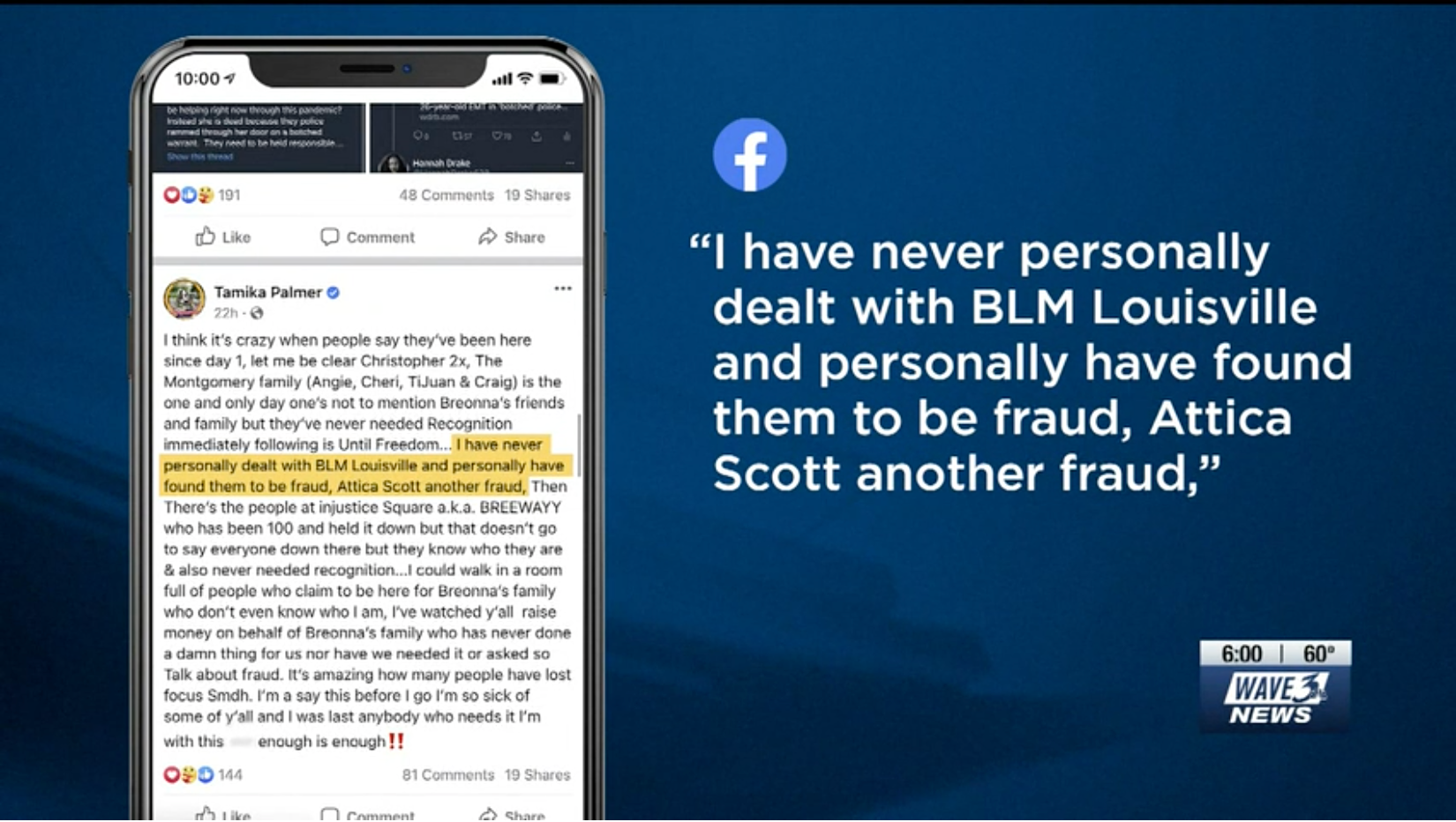 A screenshot captured by WAVE 3 News shows a since-removed Facebook post by Tamika Palmer, the mother of Breonna Taylor