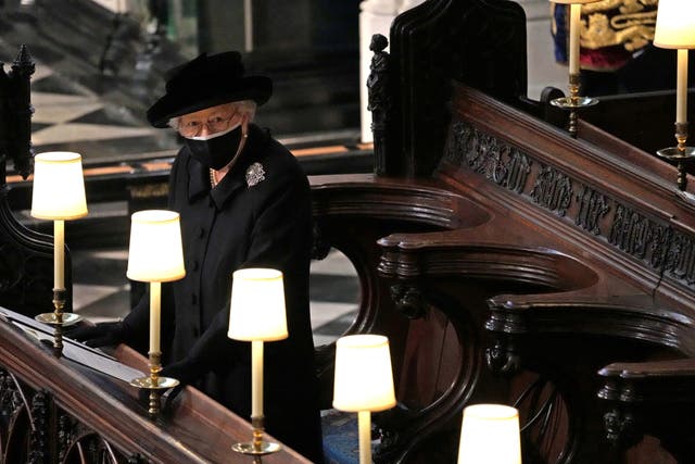 Queen Elizabeth is seen during the funeral of Prince Philip, her husband, who died at the age of 99 earlier this month