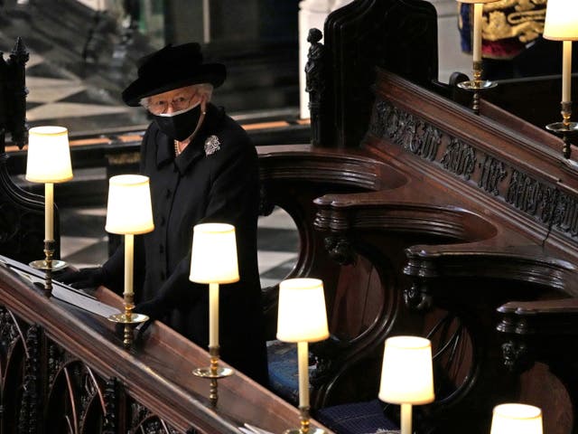 <p>The Queen sat alone during Prince Philip’s funeral, attendance at which was limited to 30 mourners</p>
