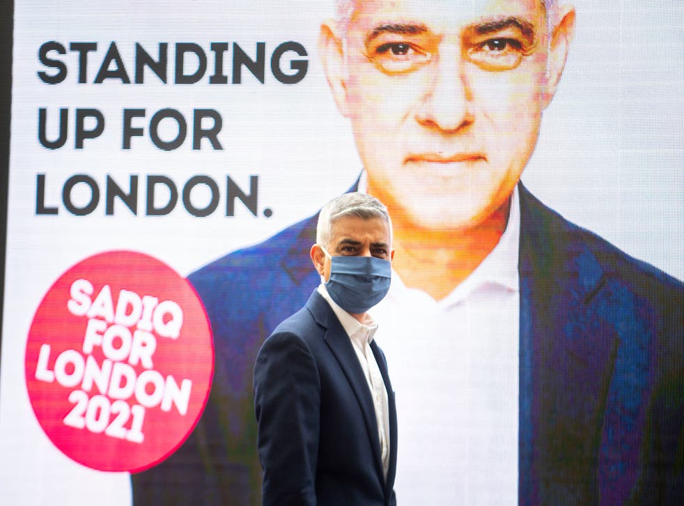 Sadiq Khan unveiling a new campaign advert while out on the campaign trail on Thursday