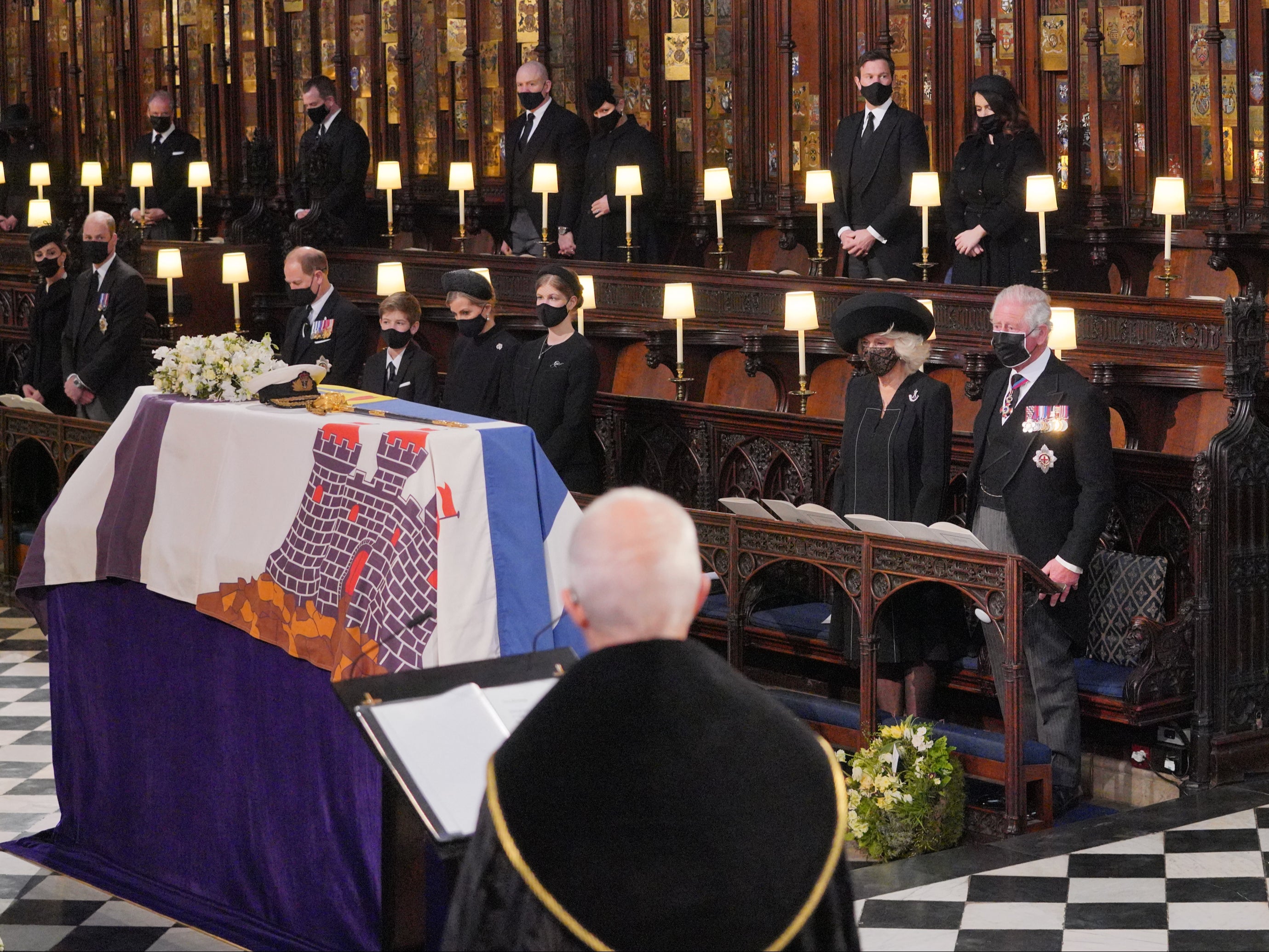 Mourners, including the Duchess and Duke of Cambridge, attend the funeral of Prince Philip at St George’s Chapel, Windsor Castle, on 17 April