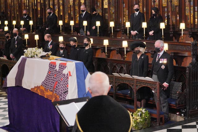 <p>Mourners, including the Duchess and Duke of Cambridge, attend the funeral of Prince Philip at St George’s Chapel, Windsor Castle, on 17 April </p>