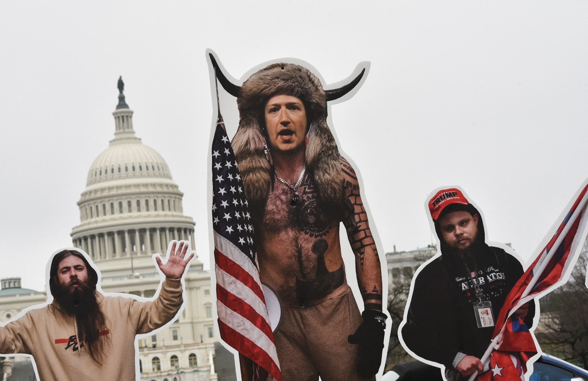 File image: An effigy of Facebook CEO, Mark Zuckerberg (C), dressed as a 6 January, 2021, insurrectionist is placed near the US Capitol in Washington, DC, on25 March, 2021. Protester set up effigies of Big Tech CEO's as the US Congress holds hearings March 25 about the spread of disinformation and misinformation on their platforms