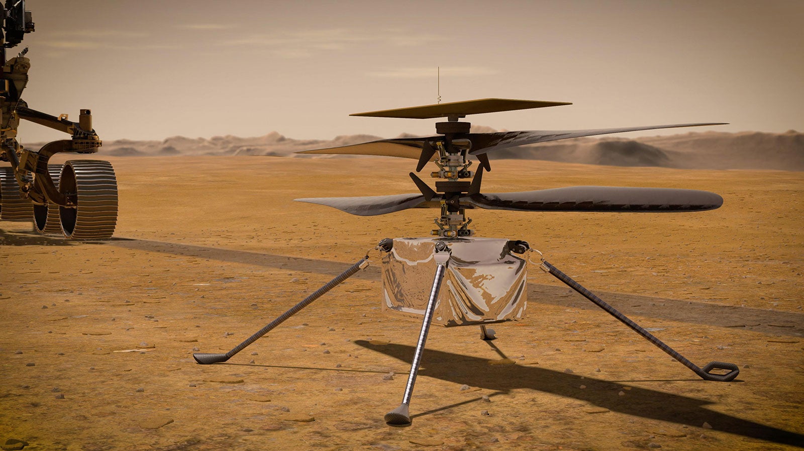 Concept image of NASA’s Ingenuity Mars Helicopter standing on the Red Planet’s surface
