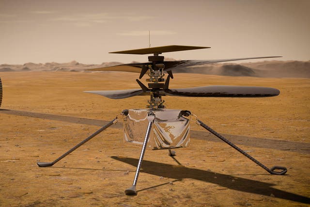 Concept image of NASA’s Ingenuity Mars Helicopter standing on the Red Planet’s surface 