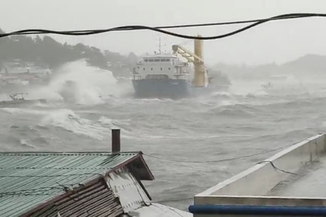 <p>Waves crash the shore as Super Typhoon Surigae moves close to the Philippines in the province of Catbalogan, Samar, Philippines April 18, 2021, in this screen grab obtained from a social media video. </p>