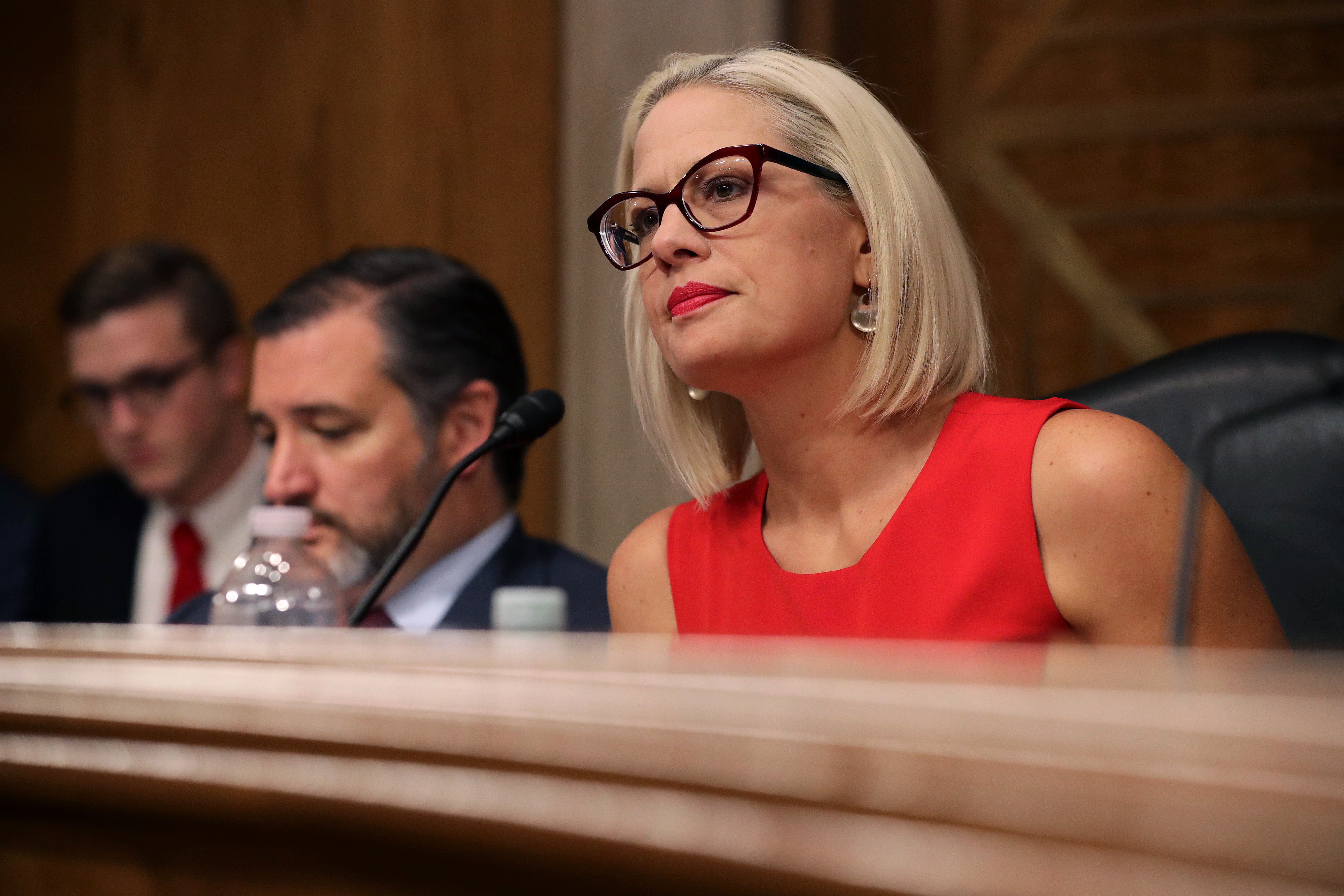 Sen. Kyrsten Sinema questions witnesses during a hearing in the Dirksen Senate Office Building on Capitol Hill on May 14, 2019 in Washington, DC.