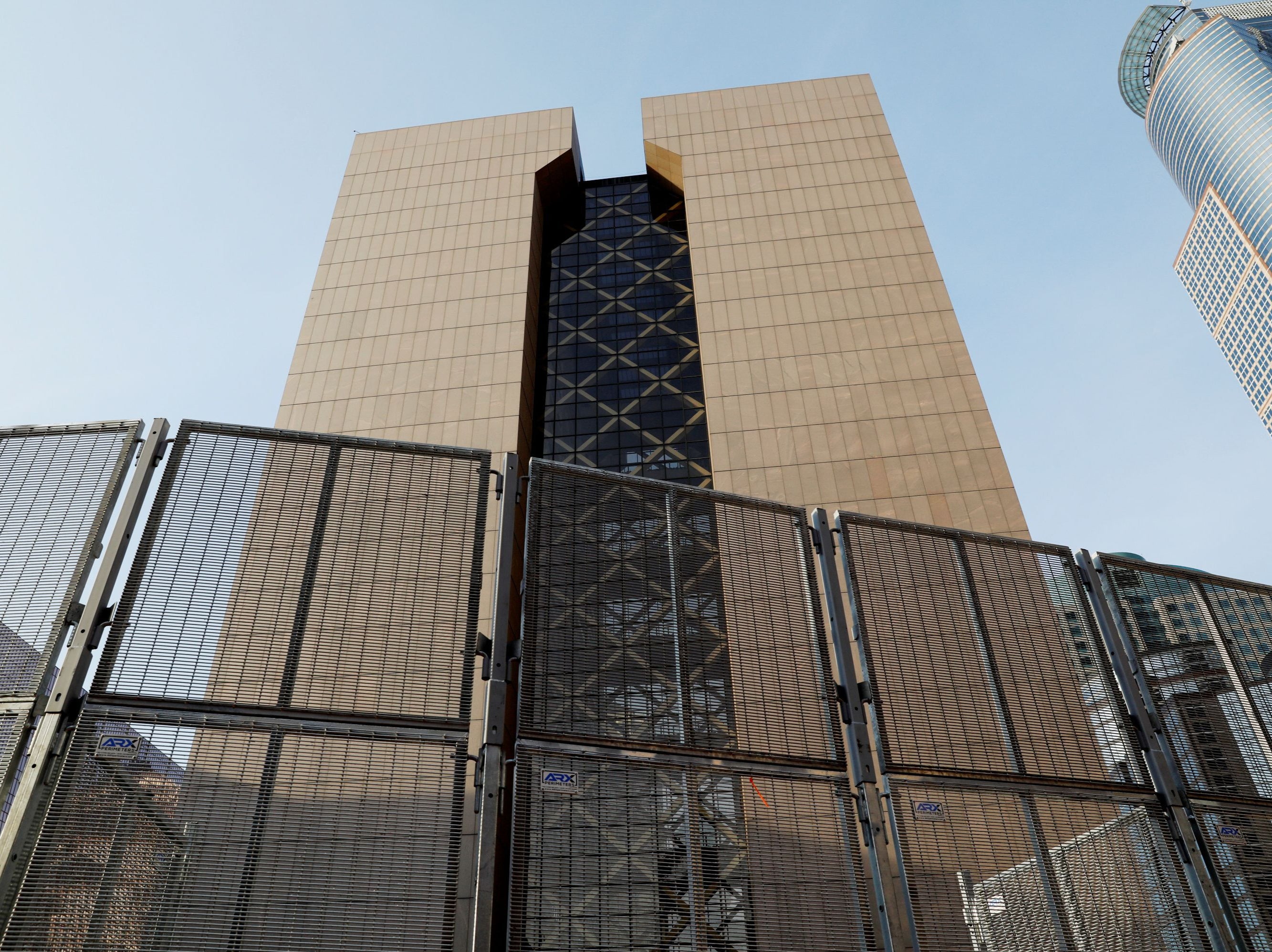 Security fencing surrounds the perimeter of the Hennepin County Government Center, while the fifth day of trial continues for Derek Chauvin, who is facing murder charges in the death of George Floyd, in Minneapolis, Minnesota, US, 2 April, 2021