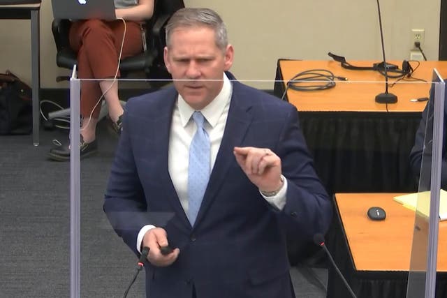 In this image from video, prosecutor Steve Schleicher gives closing arguments as Hennepin County Judge Peter?Cahill presides Monday, April 19, 2021, in the trial of former Minneapolis police Officer Derek Chauvin at the Hennepin County Courthouse in Minneapolis. Chauvin is charged in the May 25, 2020 death of George Floyd.  (Court TV via AP, Pool)