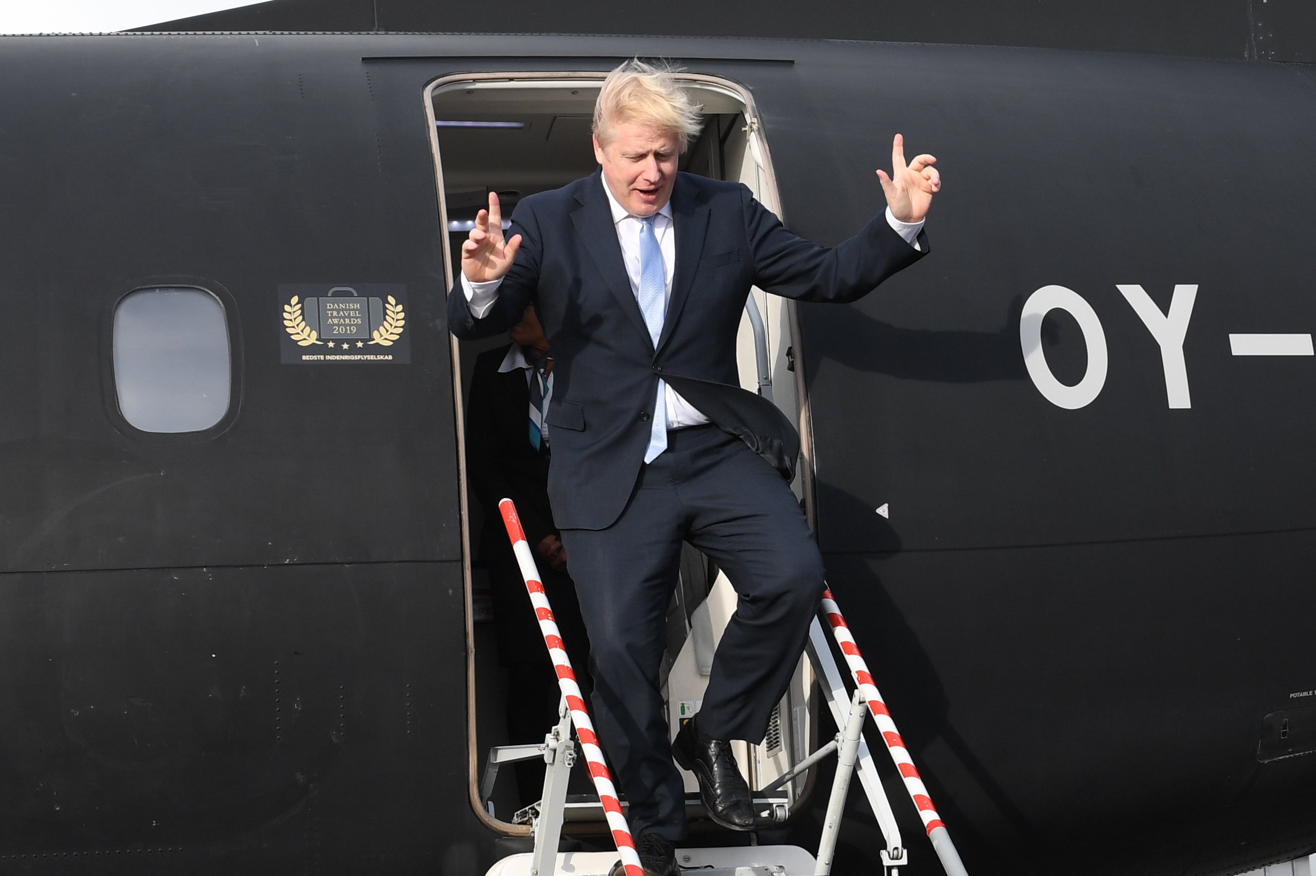 Boris Johnson arrives at Cardiff airport during the 2019 general electiono campaign