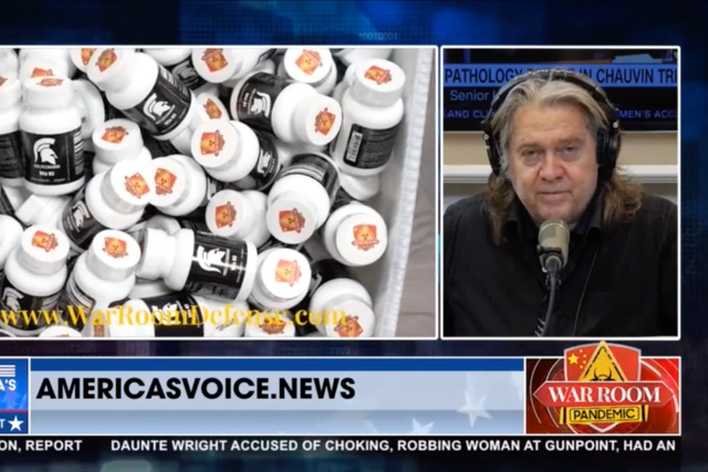 Steve Bannon promoting the War Room Defense Pack by Wellness Warrior on his show War Room Pandemic on 14 April 2021