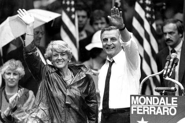 <p>In this 1984 file photo, Democratic presidential candidate Walter Mondale and his running mate, Geraldine Ferraro, wave as they leave an afternoon rally in Portland</p>