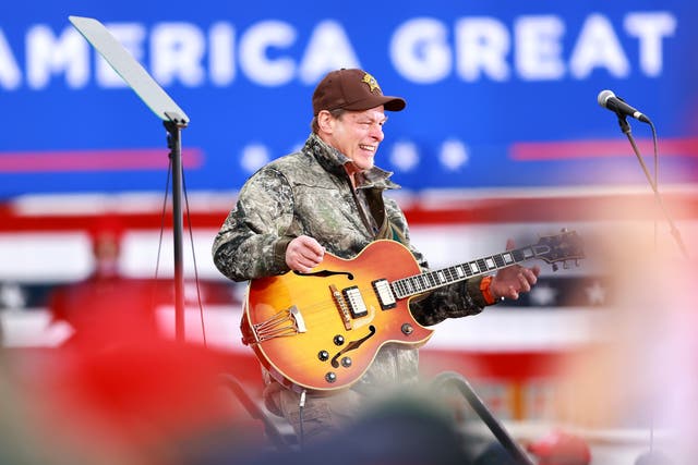 <p>Nugent on stage at a Trump campaign rally in 2020</p>