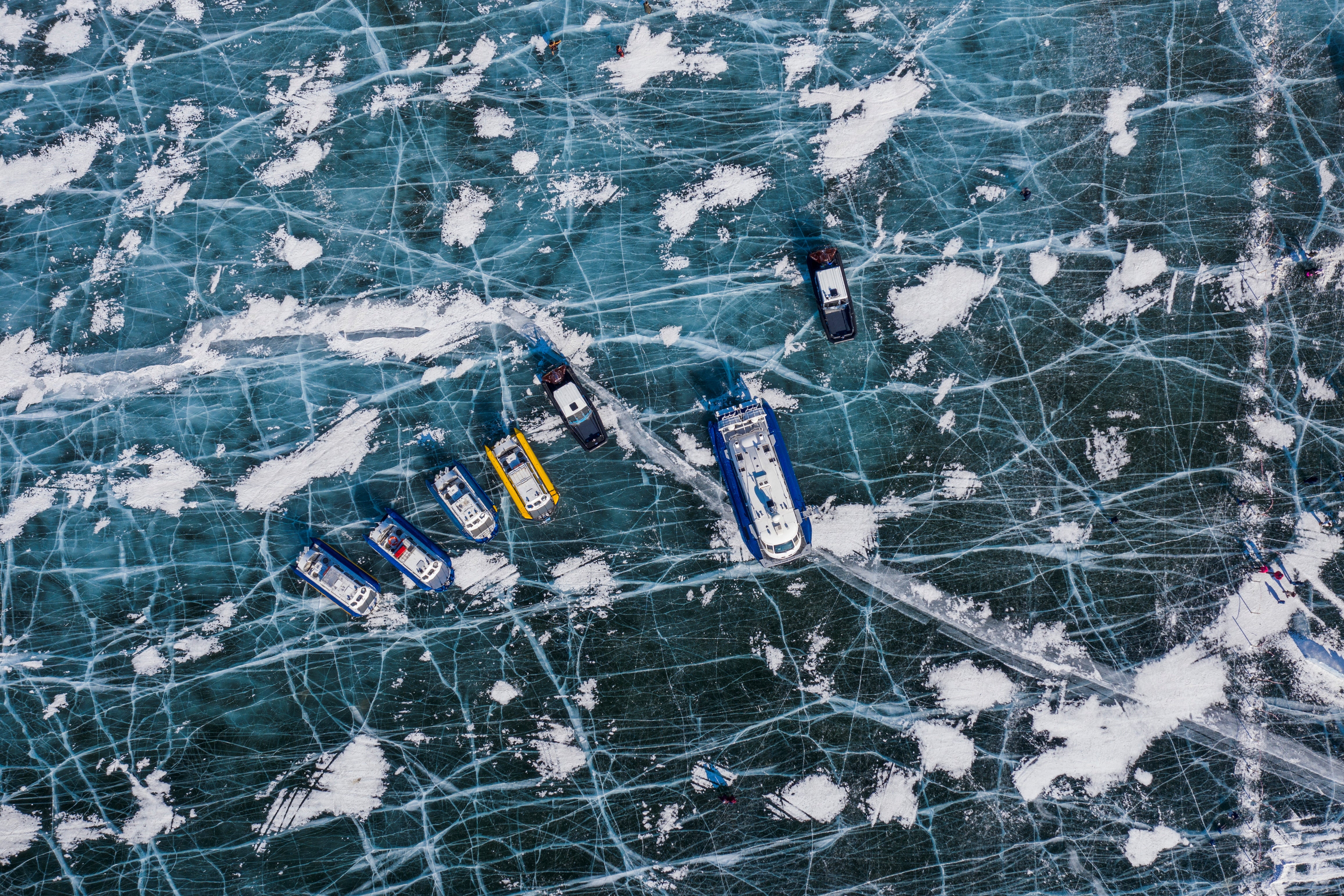 Hovercrafts on the ice of Lake Baikal near Irkutsk, Russia