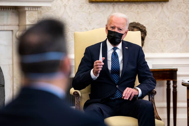 <p>US President Joe Biden speaks during a meeting with the leadership of the Congressional Hispanic Caucus in the Oval Office of the White House April 20, 2021 in Washington, DC</p>