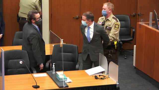 <p>In this image from video, former Minneapolis police Officer Derek Chauvin, center, is taken into custody as his attorney, Eric Nelson, left, looks on, after the verdicts were read at Chauvin’s trial for the 2020 death of George Floyd, Tuesday, April 20, 2021, at the Hennepin County Courthouse in Minneapolis, Minn.</p>