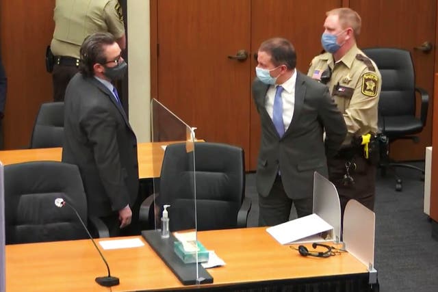 <p>In this image from video, former Minneapolis police Officer Derek Chauvin, center, is taken into custody as his attorney, Eric Nelson, left, looks on, after the verdicts were read at Chauvin’s trial for the 2020 death of George Floyd, Tuesday, April 20, 2021, at the Hennepin County Courthouse in Minneapolis, Minn.</p>