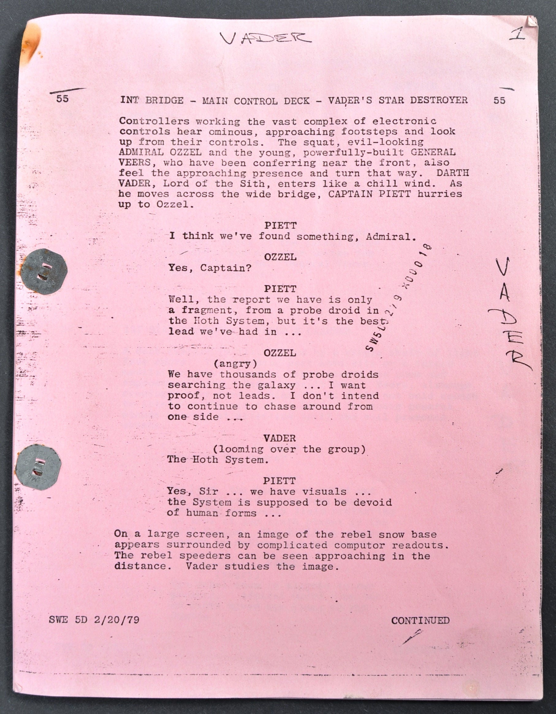 An example page of the Darth Vader script being sold at auction next month