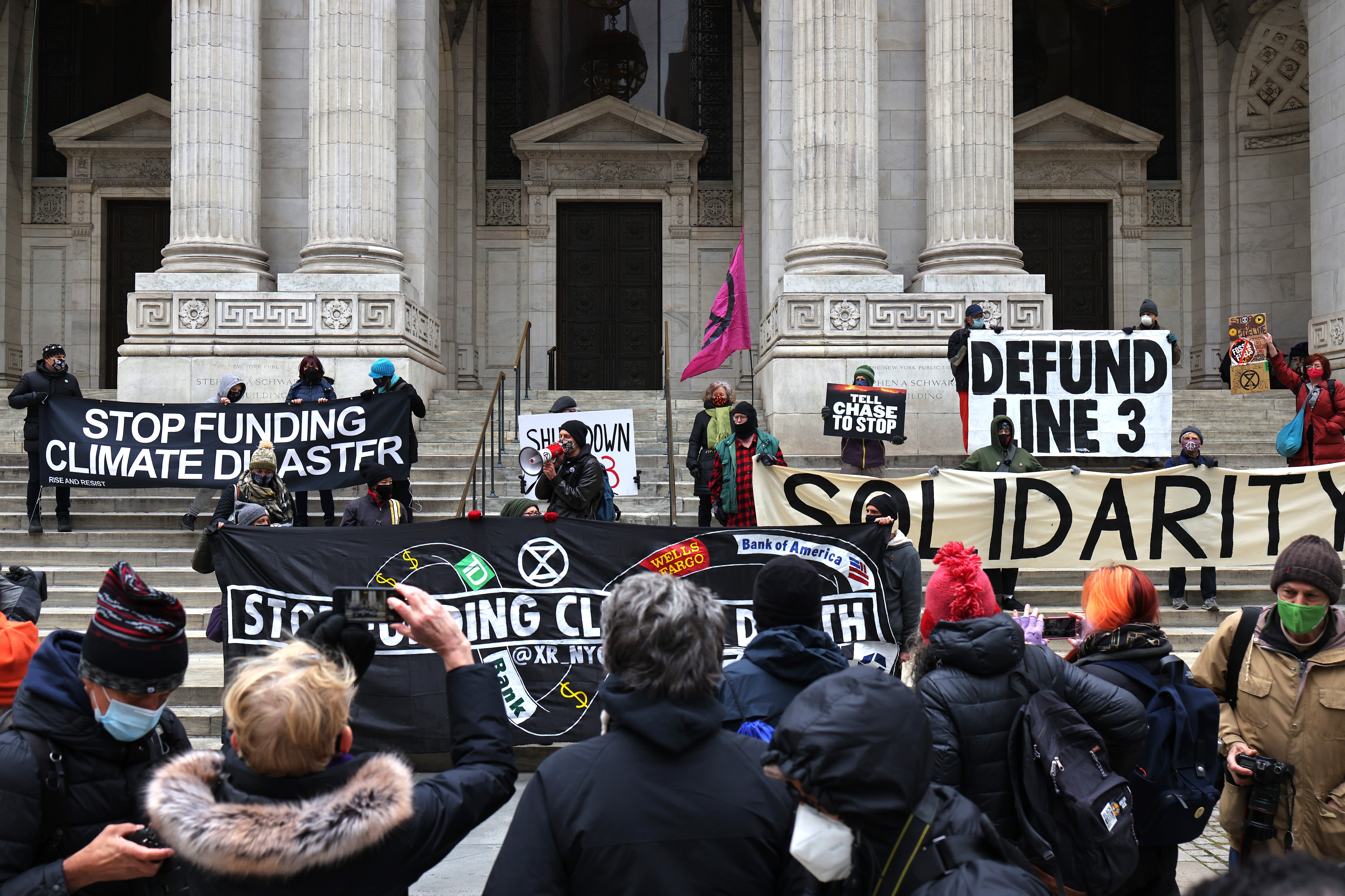 Extinction Rebellion protest in New York on 2 April, calling on Joe Biden’s administration to halt construction of the Line 3 pipeline which will bring a million barrels of tar sands per day from Canada to the US