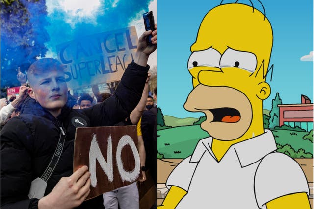 (Left) Protesters outside Stamford Bridge rallying against the European Super League and (right) Homer Simpson
