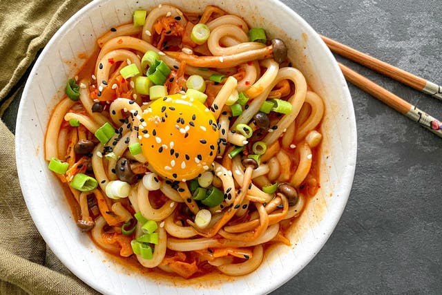 <p>Lip-smacking: Kimchi and udon noodles are a fantastic combination in this creamy, gochujang-infused dish</p>