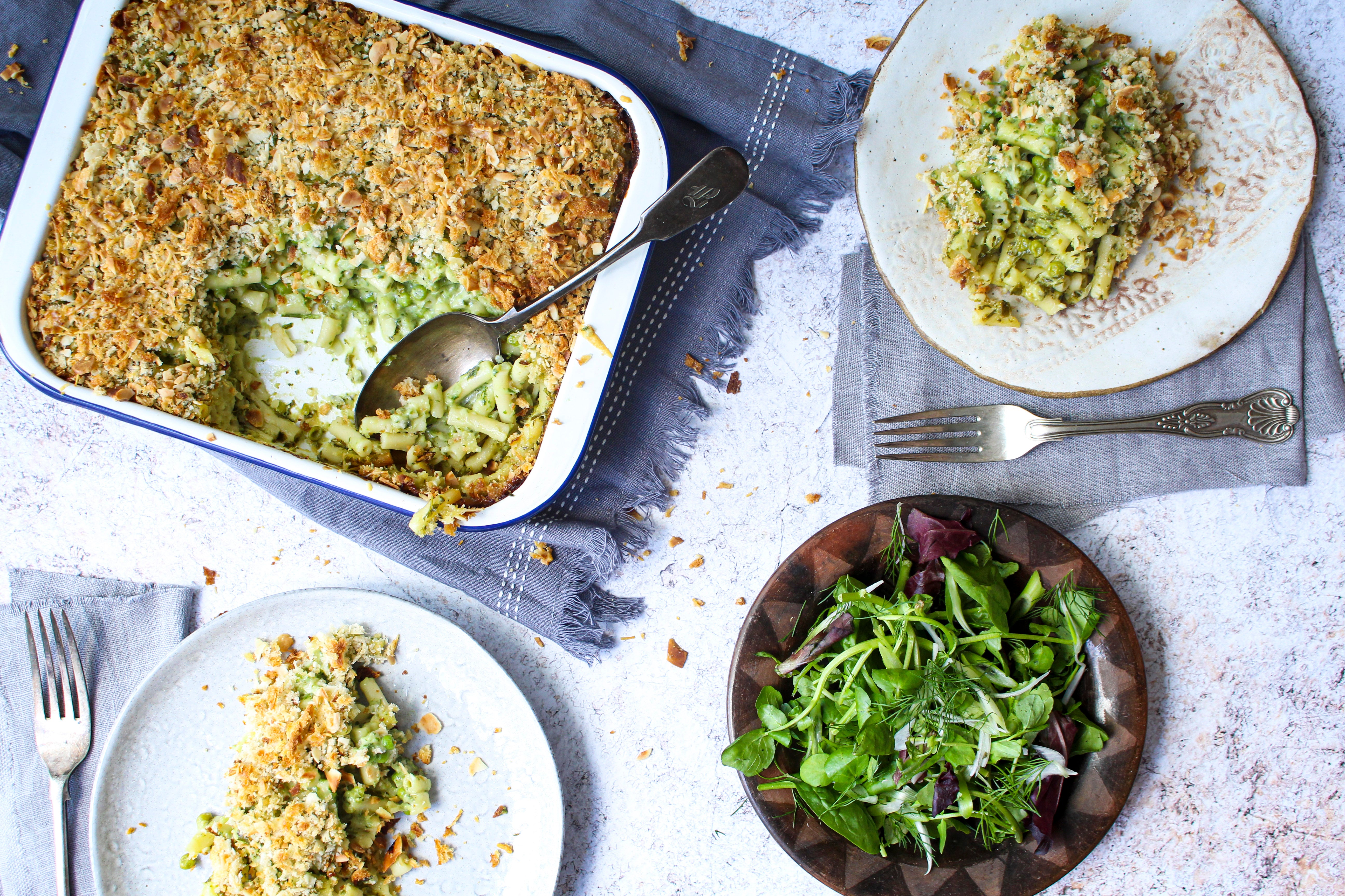 Piping hot – and green – mac’n’cheese fresh out of the oven is a sight to behold