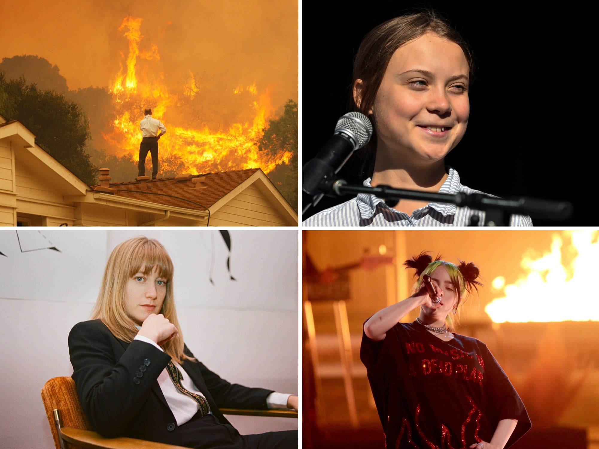 Top left clockwise: Wildfires in California, Greta Thunberg, Billie Eilish and The Weather Station