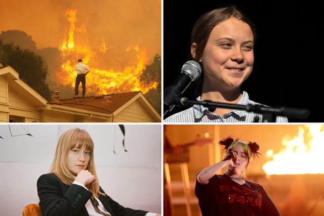 Top left clockwise: Wildfires in California, Greta Thunberg, Billie Eilish and The Weather Station