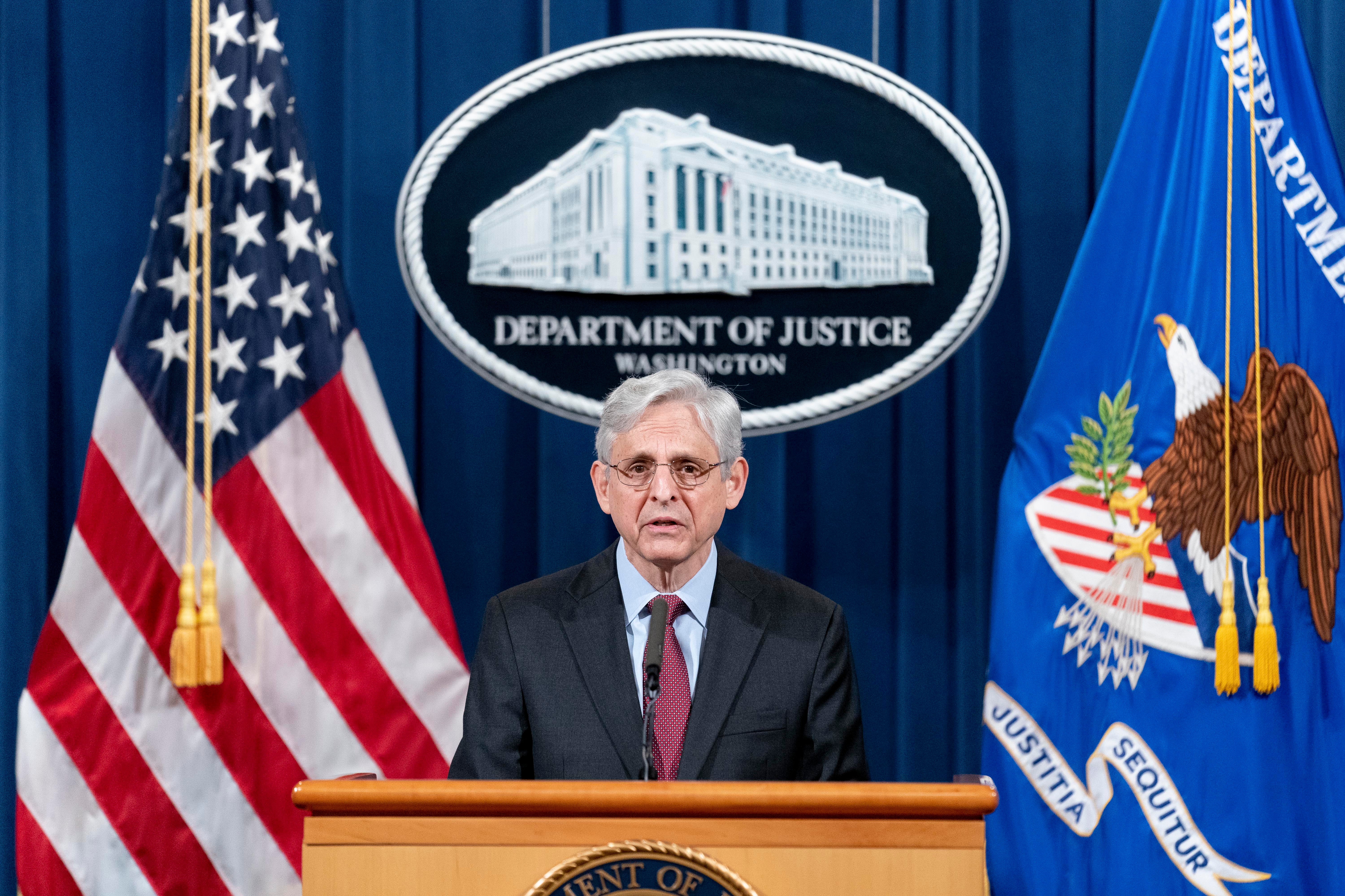 US Attorney General Merrick Garland speaks about a jury's verdict in the case against former Minneapolis Police Officer Derek Chauvin in the death of George Floyd, at the Department of Justice, in Washington, DC