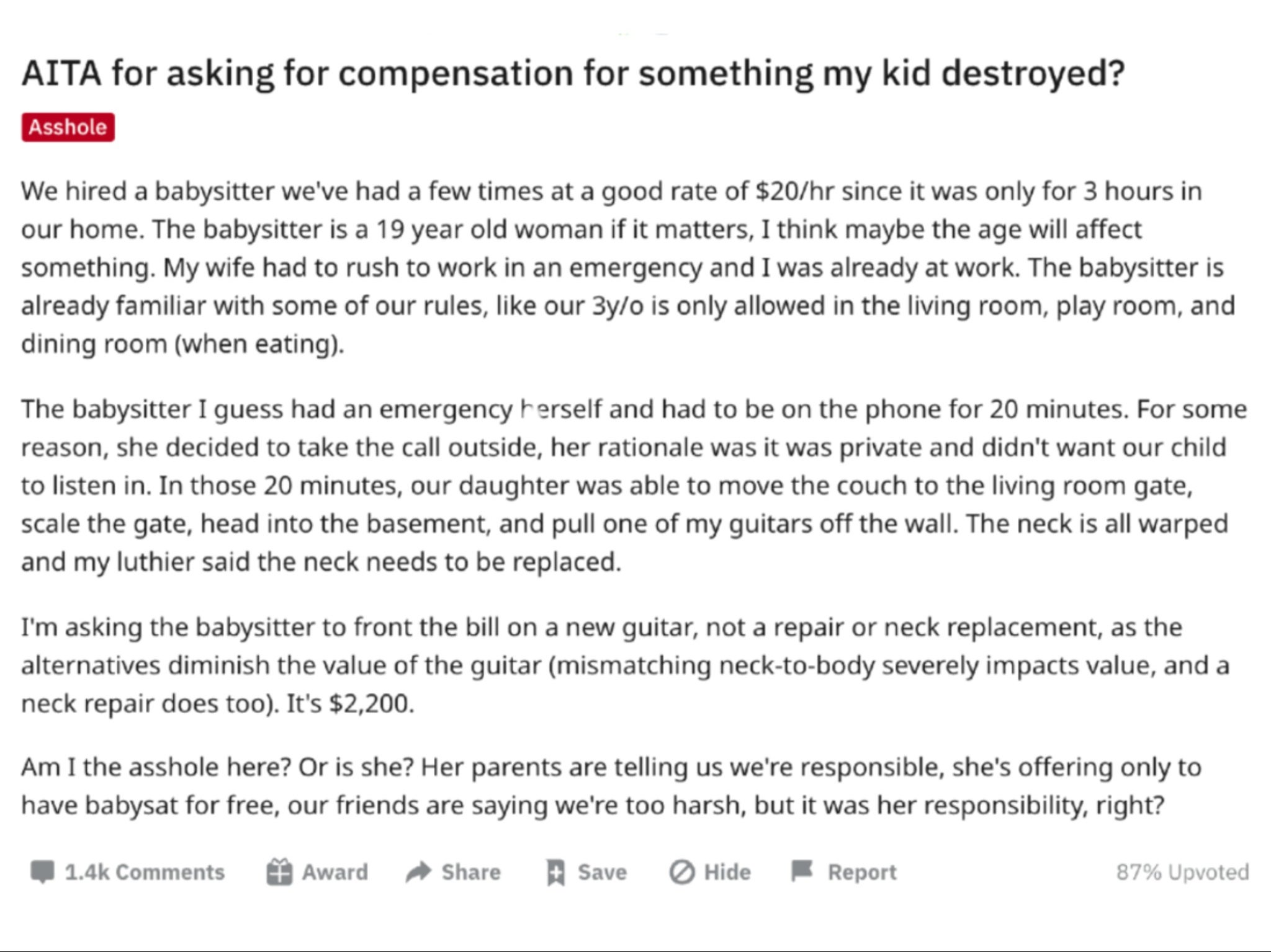 Dad Demands Babysitter Replace 2 200 Guitar That His Daughter Broke Indy100