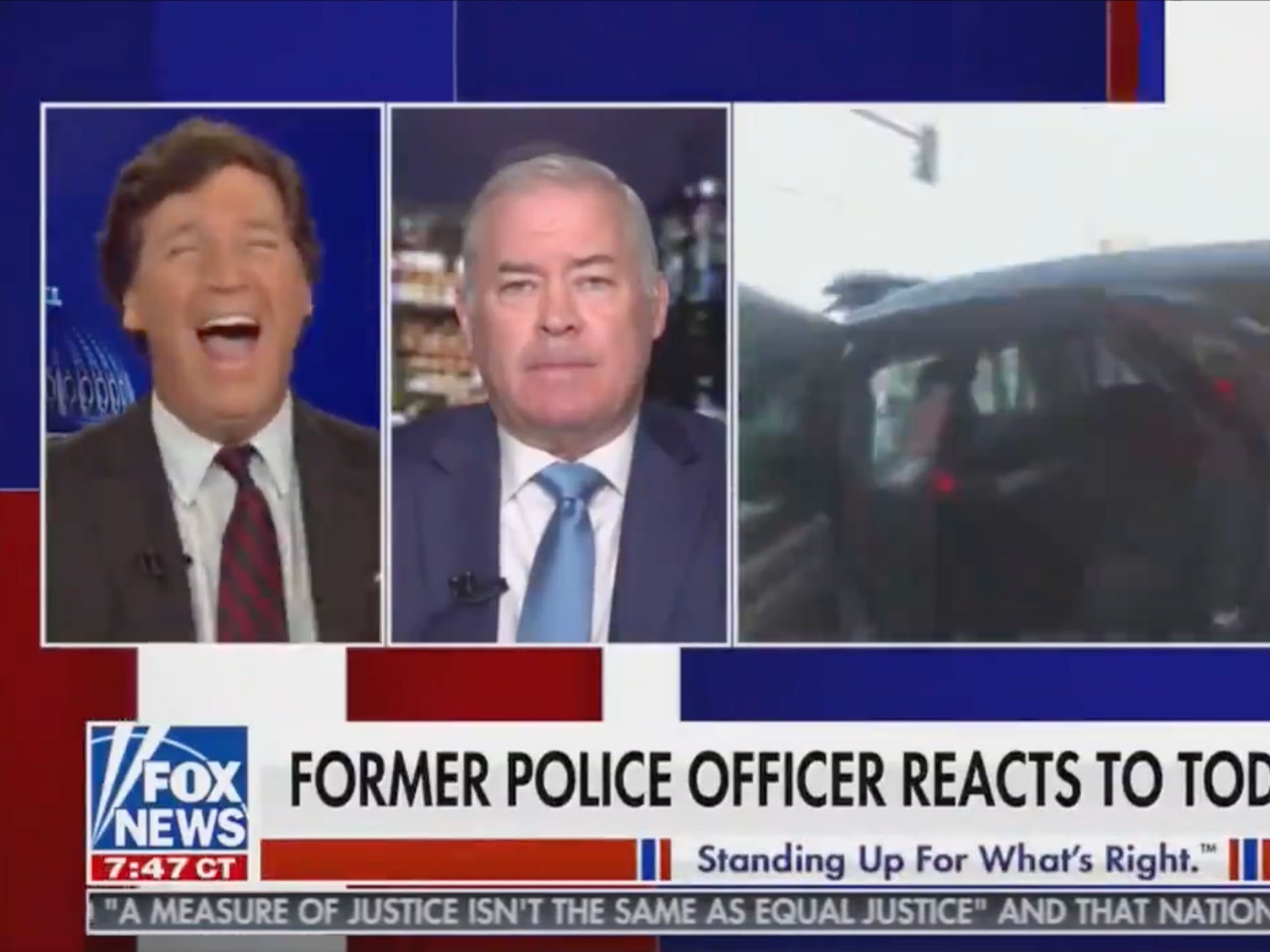 Fox News host Tucker Carlson gives off a strange high-pitched laugh as he discusses the guilty verdict of Derek Chauvin.