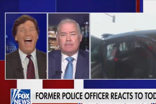 Fox News host Tucker Carlson gives off a strange high-pitched laugh as he discusses the guilty verdict of Derek Chauvin. 