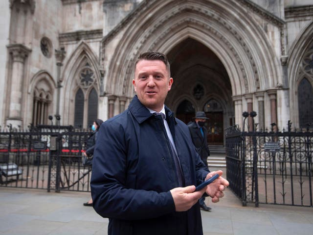 Tommy Robinson outside the Royal Courts of Justice, London, for the libel case brought against him by teenager Jamal Hijazi