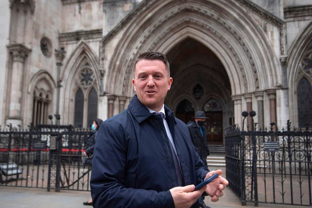 Tommy Robinson outside the Royal Courts of Justice, London, for the libel case brought against him by teenager Jamal Hijazi