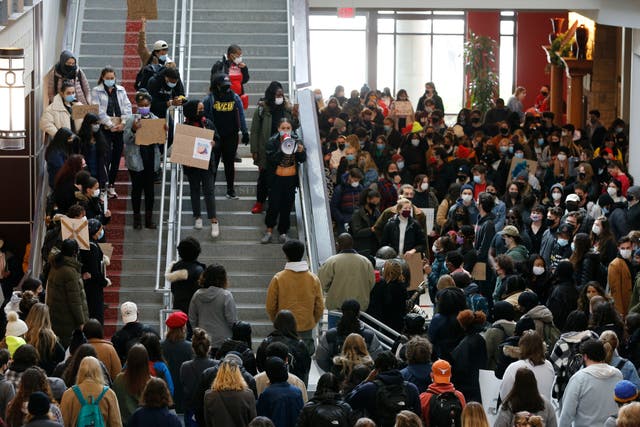 <p>Students gather at the Ohio Union on the campus of Ohio State University to protest yesterday’s shooting of Ma’Khia Bryant by Columbus Police Wednesday, April 21, 2021, in Columbus, Ohio</p>