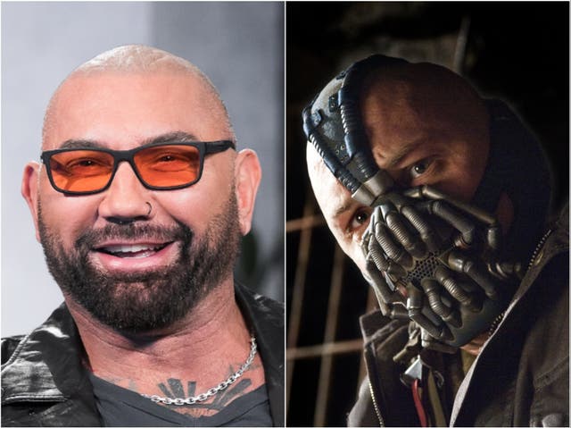 Dave Bautista (left) and Tom Hardy as Bane in The Dark Knight Rises (right)